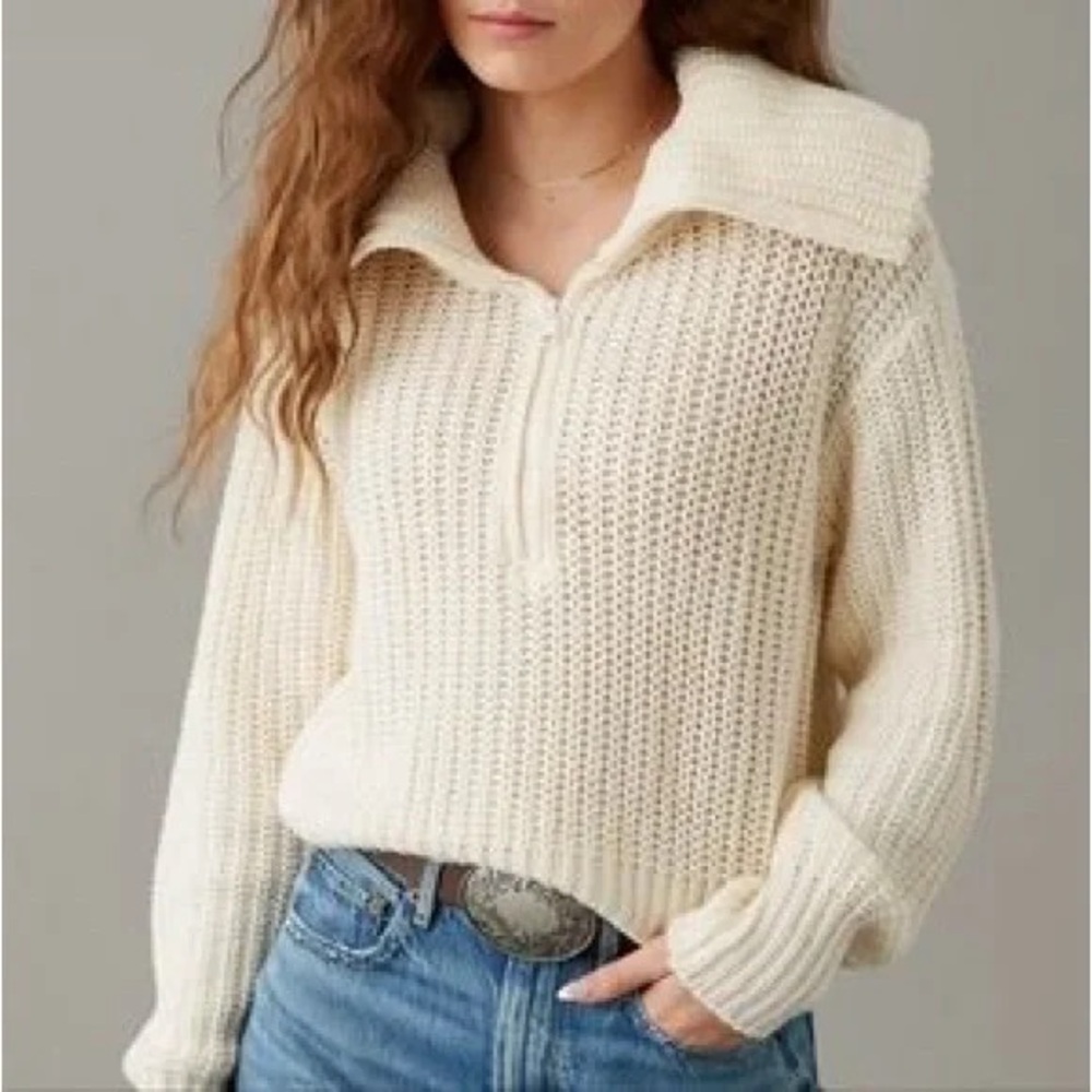 American Eagle Half Zip Pullover White Cable Knit Sweater